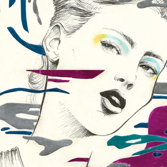 ORIGINAL FRAMED ART Metallic & Ink Graphic Illustration Drawing of Fashion Model - Picture 4 of 13